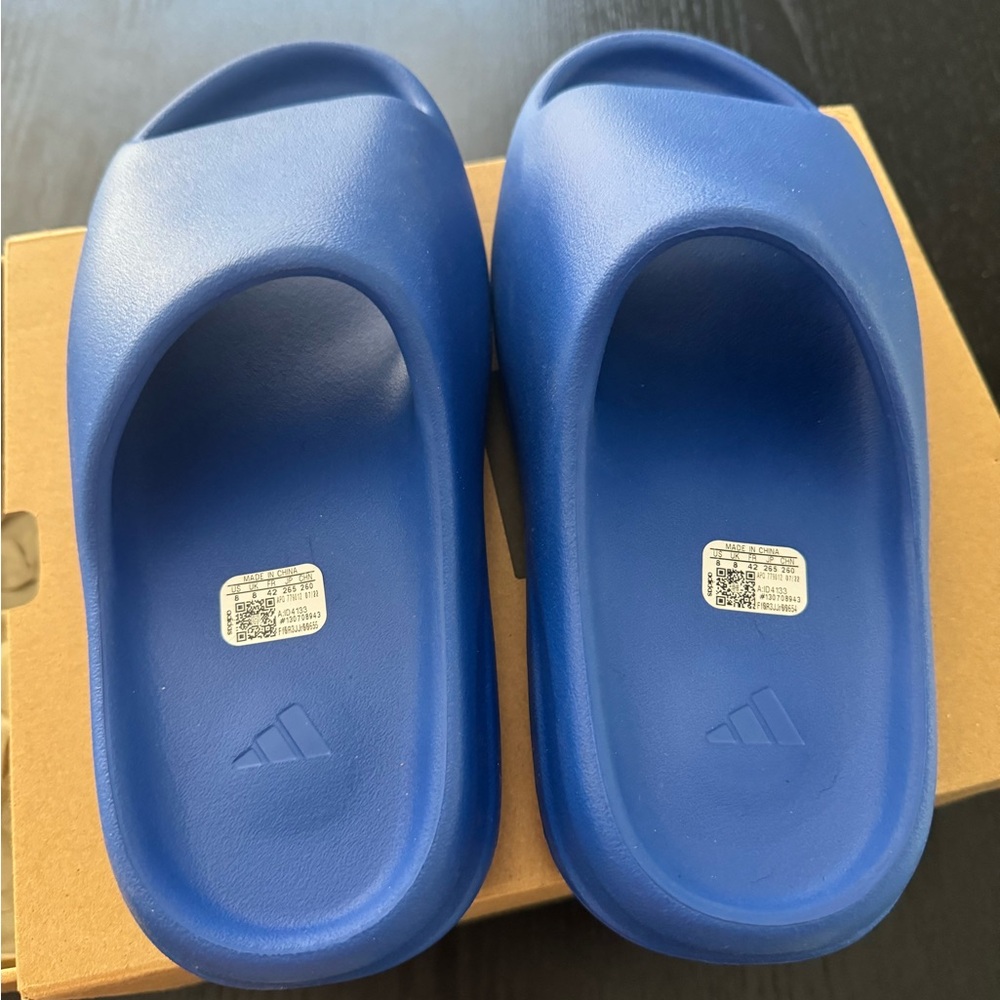 Blue Yeezy slides
